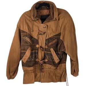 VINTAGE Winlit Brown Genuine Leather Wool Aztec Jacket M Toggle‎ Southwest Boho